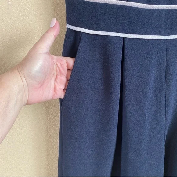 Eliza J Size 4 Navy Blue Contrast Trim Short Sleeve Bows Wide Crop Leg Jumpsuit
